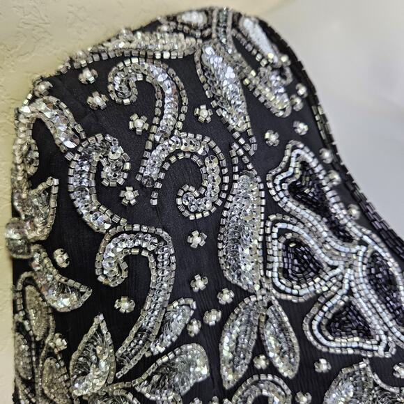 VTG Laurence Kazar Beaded Silk Formal Dress L Embellished Sequin MOB 80s Black - Picture 7 of 16